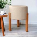 Ver imagem 2 de Puff Banqueta Redonda Linho Bege com Pés de Madeira para Sala Quarto e Penteadeira