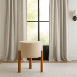 Puff Banqueta Redonda Couro Linho Bege com Pés de Madeira para Sala Quarto e Penteadeira - 13