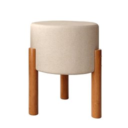 Puff Banqueta Redonda Couro Linho Bege com Pés de Madeira para Sala Quarto e Penteadeira - 8