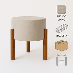 Puff Banqueta Redonda Couro Linho Bege com Pés de Madeira para Sala Quarto e Penteadeira - 2