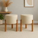 Ver imagem 4 de Puff Banqueta Redonda Linho Bege com Pés de Madeira para Sala Quarto e Penteadeira