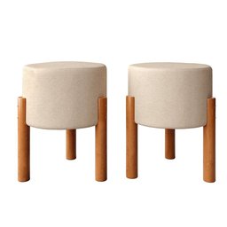 Puff Banqueta Redonda Couro Linho Bege com Pés de Madeira para Sala Quarto e Penteadeira - 6