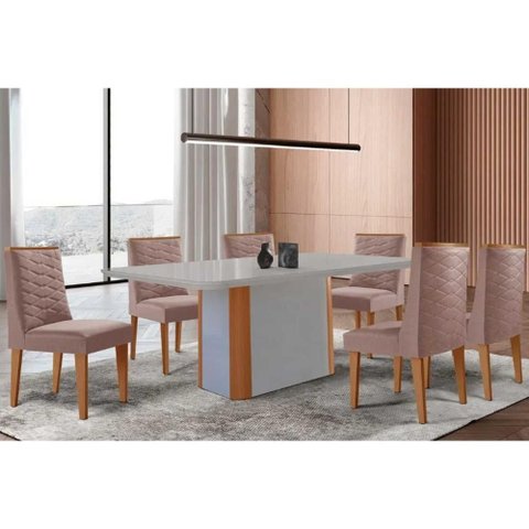 Conjunto: Mesa Sala Jantar Pietã¡ Curvo 180cm + 6 Cadeiras Maldivas Madeira Naturale/off White -