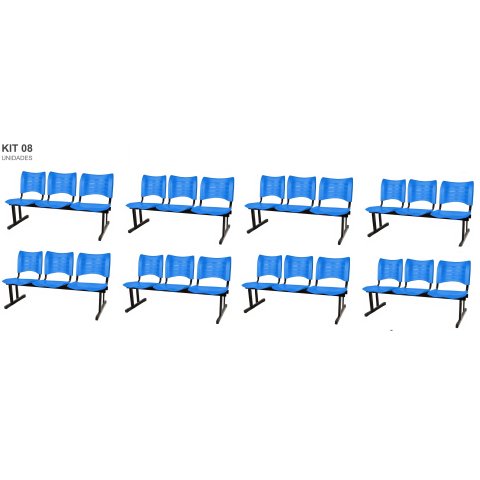 Kit com 8 Cadeiras Longarina Plástica 03 Lugares Cor Azul Mastcmol
