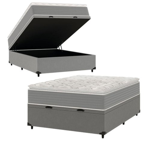 Cama Box Baú Casal Molas Ensacadas Pillow Top 138x188x66cm Martino Cinza Umaflex Cinza