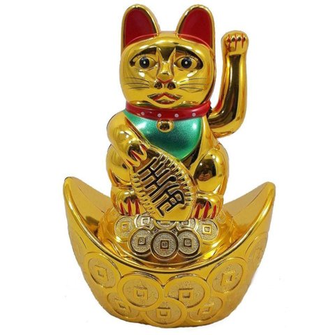 Maneki Neko Gato da Sorte Dourado Barco 14 cm Pilha AA