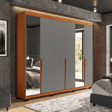 Roupeiro Casal Porto 6 Portas com Espelho 242x214cm Freijó/Cinza 240848