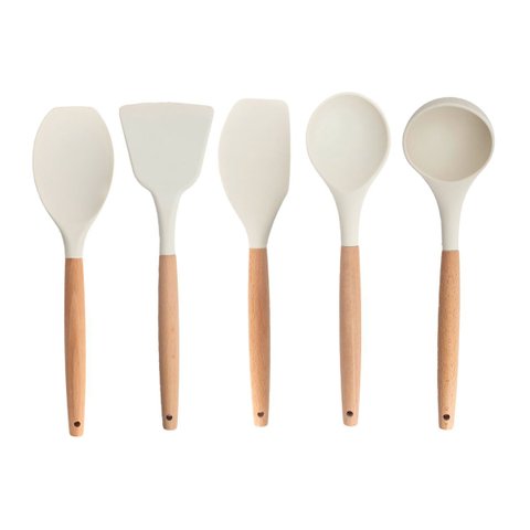 Kit 5 Utensílios de Silicone com Cabo de Madeira para Cozinha - Oikos