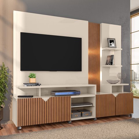 Estante Home Cross Off White/Tauari Ripado para TVs até 55 Polegadas 4 Portas, Luzes LED embutidos, 