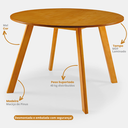 Mesa de Jantar Redonda Espanha 110 Cm Cor Mel - 4