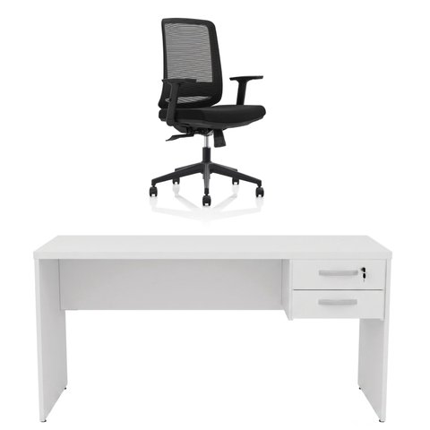 Conjunto Mesa de Escritório 160x60cm com Gaveta + Cadeira Netflex Ergonômica Premium