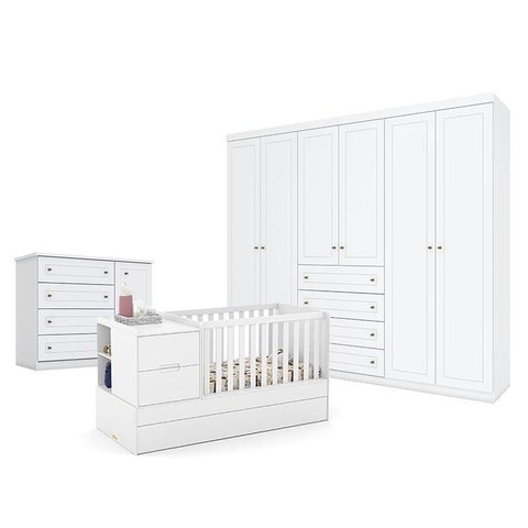 Quarto de Bebê Americano 6 Portas Com berço Americano Multifuncional Formare Branco Acetinado – Mati
