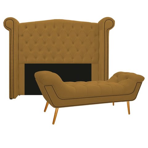 Kit Cabeceira 90 cm Suede + Calçadeira Madrid Mostarda
