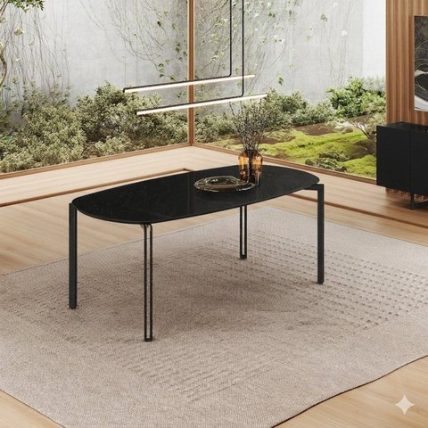 Mesa para Sala de Jantar Tampo com Vidro/MDF 200cm Base Metal Preto Mayra