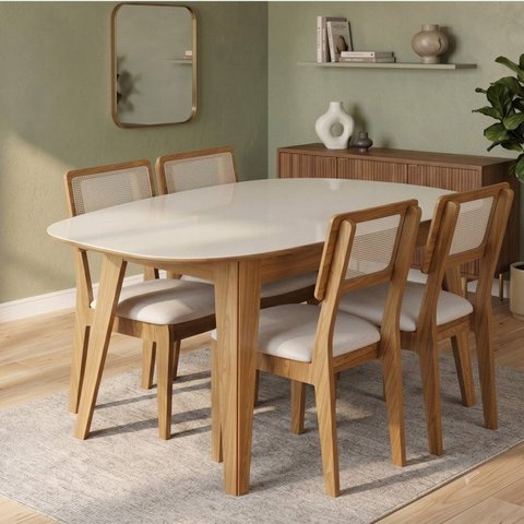 Conjunto para Sala de Jantar Mesa Orgânica e 4 Cadeiras Estofadas Encosto Telado 100% MDF Bolonha