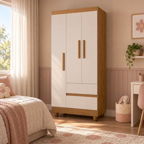 Guarda-Roupa Solteiro Sierra 3 Portas 2 Gavetas Yescasa Marrom/Amadeirado/Offwhite