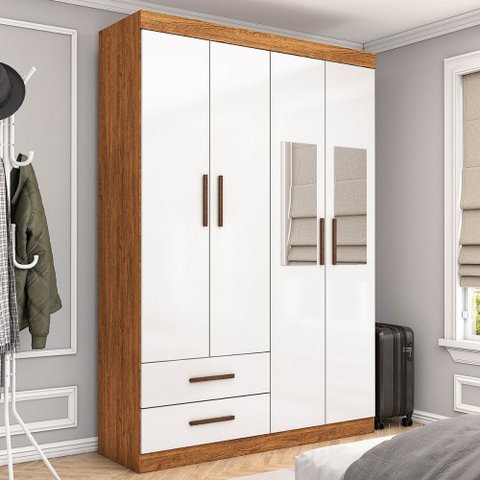 Guarda-roupa Solteiro Genova 4 Portas 2 Gavetas com Espelho Cinamomo/branco - Carioca Móveis