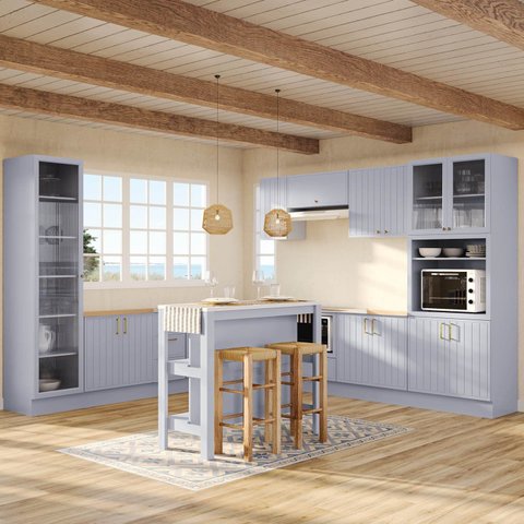 Cozinha Modulada 12 Pçs sem Tampo com Cristaleira e Ilha Marselha Cabecasa Madeiraoriginals