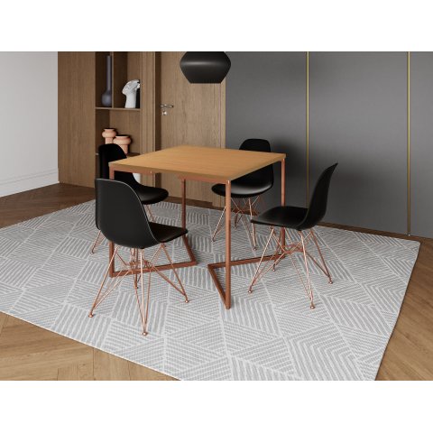 Mesa Industrial Base Ferro Cobre em V Tampo 90x90 Canela 4 Cadeiras Eames Ferro Assento Preto