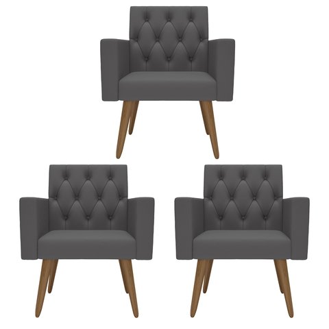 Kit 3 Poltronas Capitonê Sala Recepção Poltronas Decorativas Cinza-escuro