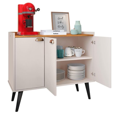 Aparador Buffet 3 Portas Prateleira Interna Puxadores Concha Dourado Truzzi - Off White/cinamomo