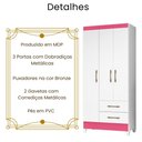 Ver imagem 3 de Guarda Roupa Solteiro Lima 3 Portas Branco Rosa Flex Moval