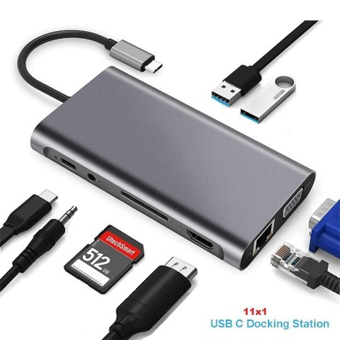 Hub Docking Station 11x1 Adaptador Type C X Lan, Hdmi, Vga, Sd, Usb 3.0, Pd e P2