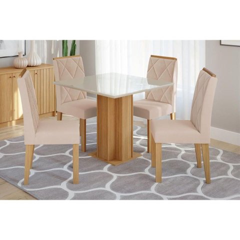 Sala de Jantar Completa Sophia C/ Tampo Madeirado C/ Vidro 95x95cm e 4 Cadeiras Fernanda Nature/off