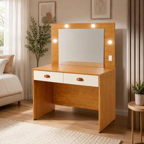 Penteadeira Camarim Camila com LED - Espelho - Tomada 20A - Moderna:Cinamomo/Offwhite