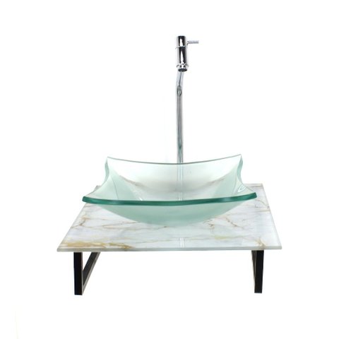 Gabinete de Vidro com Cuba Quadrada Incolor com Tampo de Vidro 40cm X 40cm Mármore Branco Dourado