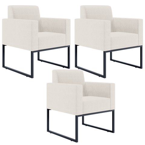 Kit 3 Poltronas Decorativas para Sala e Recepção Base Fixa de Metal Helô L02 Linho Cru - Lyam
