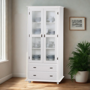 Cristaleira Rústica de Madeira 2 Portas e 2 Gavetas com Pés Torneados - Branco Laca