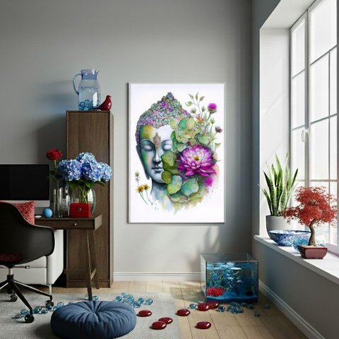 Quadro Aquarela Buda com Flor de Lotus - 70x50cm:moldura Preta
