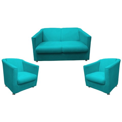 Kit Namoradeira + 2 Poltronas Decorativa Biane Suede Azul Tifany Pés Cromado Mz Decor