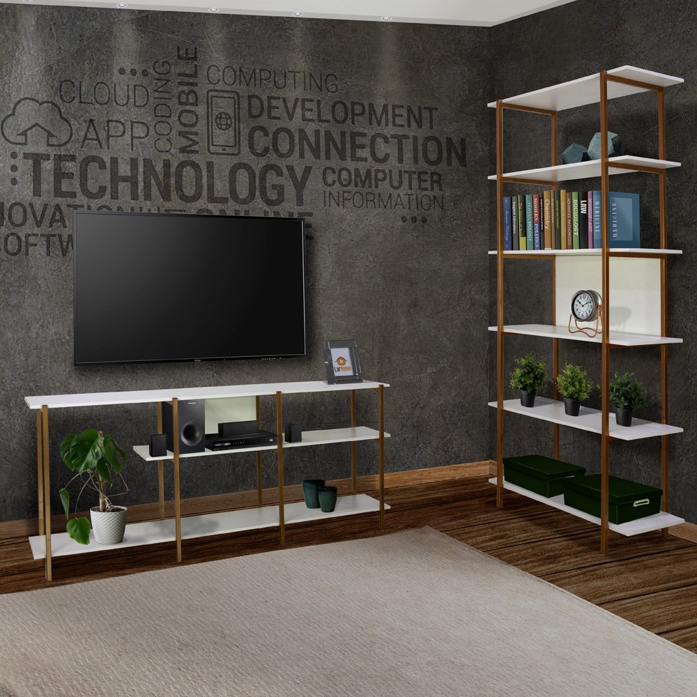 Kit Industrial Rack Bancada + Estante Multiuso Office Inspire House Branco com cobre