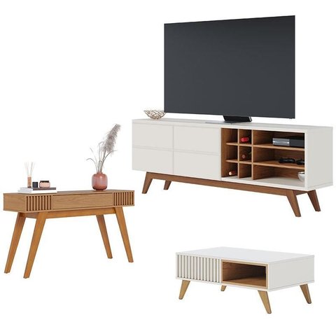 Rack Bancada Noronha 1.8 com Mesa de Centro Jeri Off White Matte Freijó e Aparador Riviera Freij