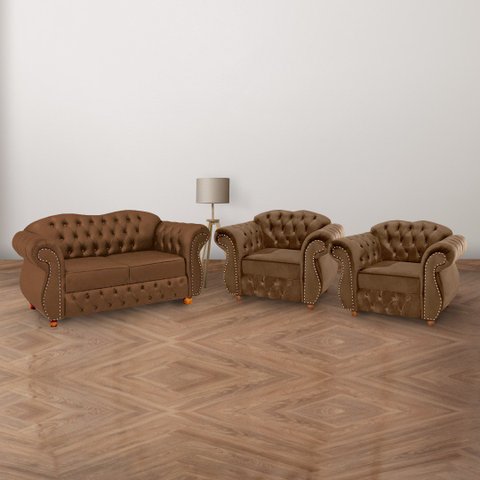 Conjunto 1 Namoradeira + 2 Poltronas Chesterfield Merlô Suede Marrom / Decoração, barbearia, sala, r