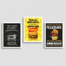 Kit 3 Quadros Hambúrguer Frases 45x34cm - com vidro:Madeira preta - 2
