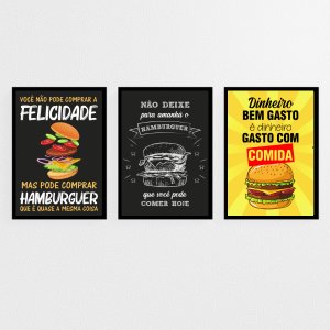 Kit 3 Quadros Hambúrguer Frases 45x34cm - com vidro:Madeira preta