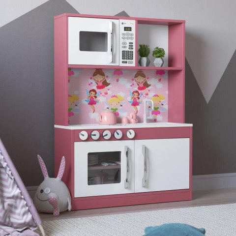 Armário Infantil Armário Cozinha Infantil Lux 77cm MDF Branco e Rosa