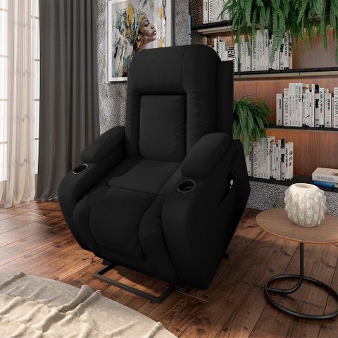 Poltrona Reclinável Massagem e Aquecimento com Elevação Lift 150° 2 Porta Copos Gambon Pu Preto