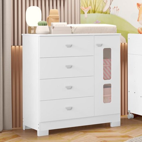 Cômoda Infantil New Katatau 1 Porta e 4 Gavetas Branco Brilho - Reller Móveis