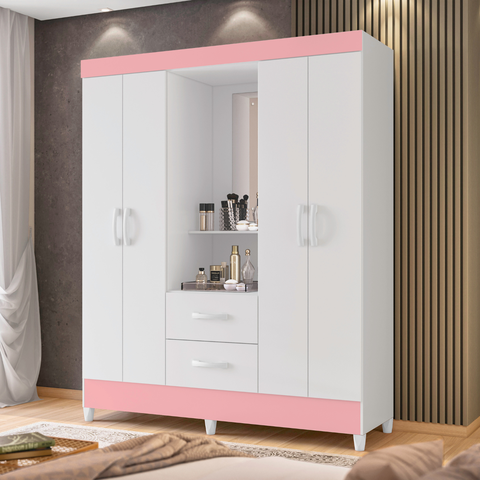 Guarda Roupa Natura 4 Portas Branco Rosa