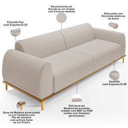 Sofá 4 Lugares para Sala de Estar Kiev 260cm D02 Base Castanho Pés D'ouro Bouclê Creme B-54 - Lyam D - 4