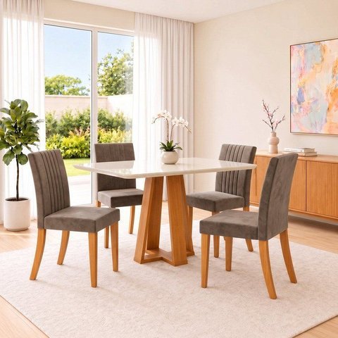 Conjunto Sala de Jantar Mesa Lisa 120cm com Tampo MDF e Vidro Redonda 4 Cadeiras Lily