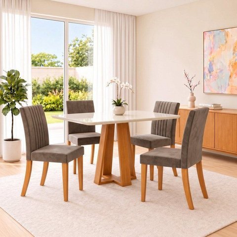 Conjunto Sala de Jantar Mesa Lisa 120cm com Tampo MDF e Vidro Redonda 4 Cadeiras Lily