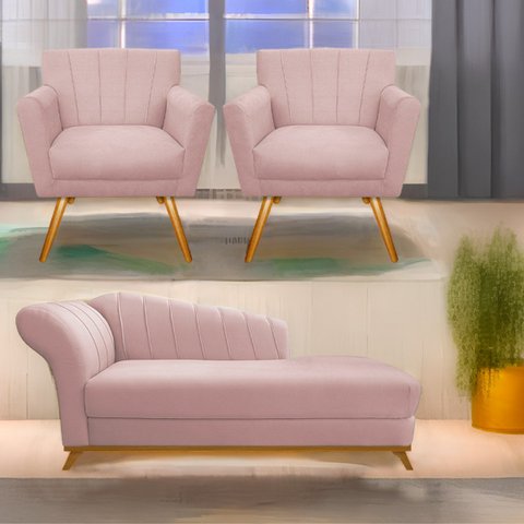 Kit Diva Recamier Vanessa 140cm Lado Direito e 02 Poltronas Laura Suede - Doce Sonho Móveis RECAMIER