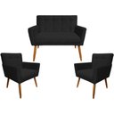 Ver imagem 1 de Kit Namoradeira + 2 Poltronas Decorativa Onix Suede Preto Pés Madeira Mz Decor