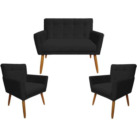 Kit Namoradeira + 2 Poltronas Decorativa Onix Suede Preto Pés Madeira Mz Decor