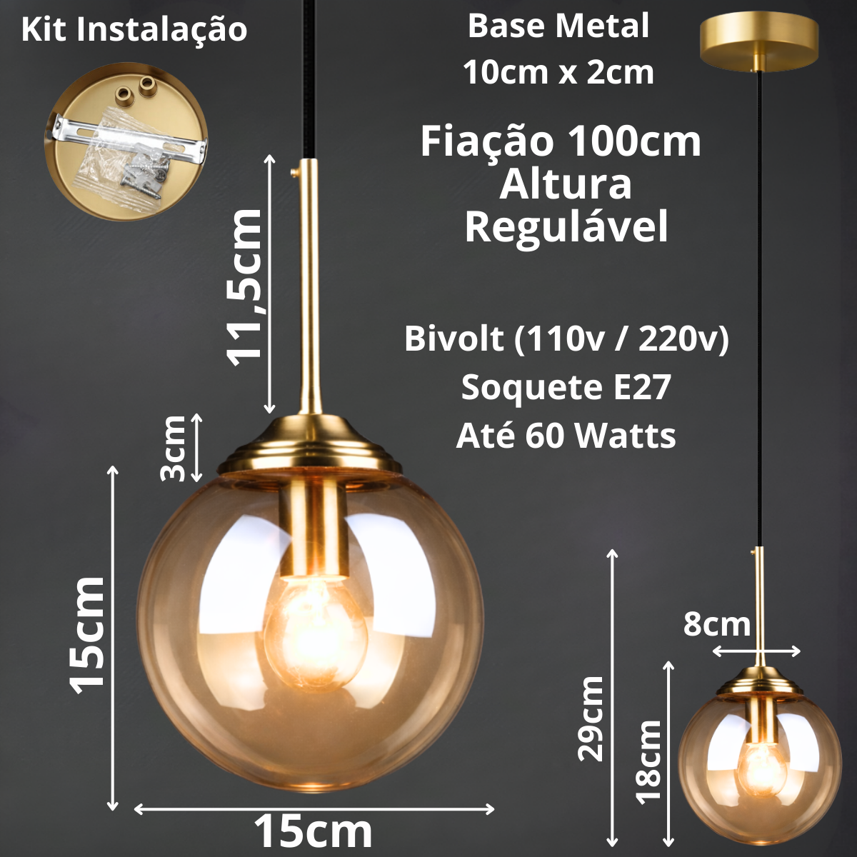 Lustre Pendente 29x15cm Globo Vidro Âmbar Retrô Vintage Luminária Teto Gimpo Kjdde-294-amb - 6